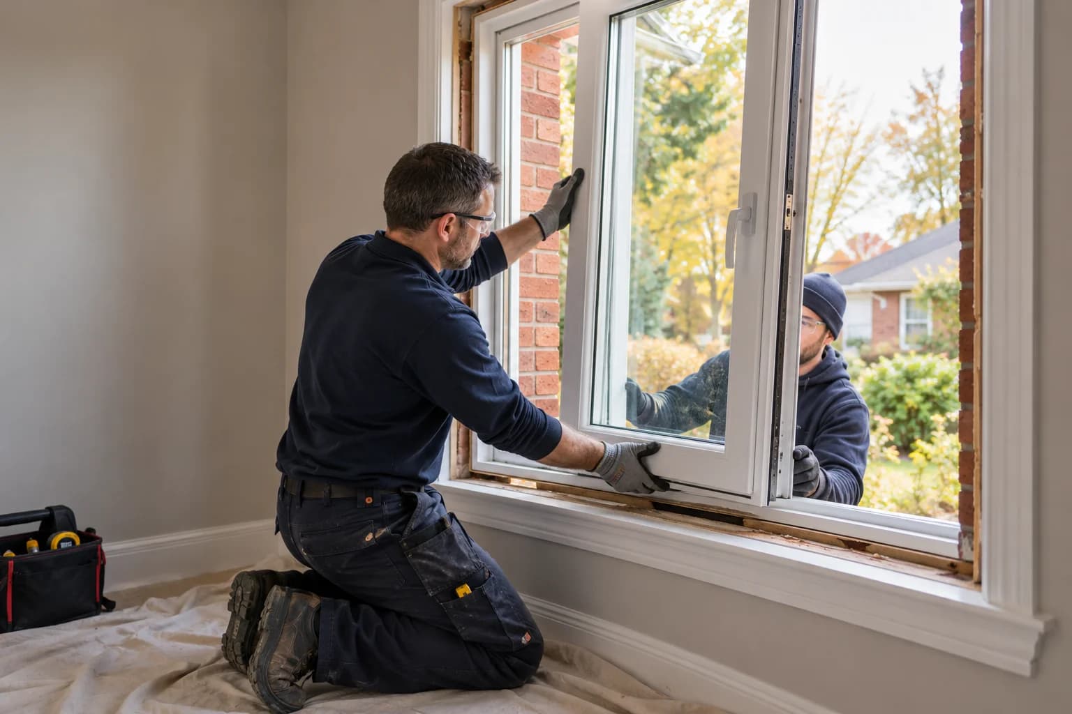 Illustrative installer fitting a framed residential window into a brick house